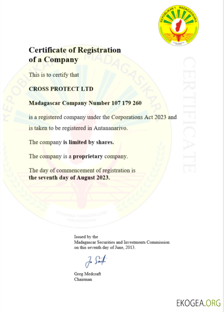 Modèle Word et PDF de certificat d'enregistrement d'entreprise à Madagascar